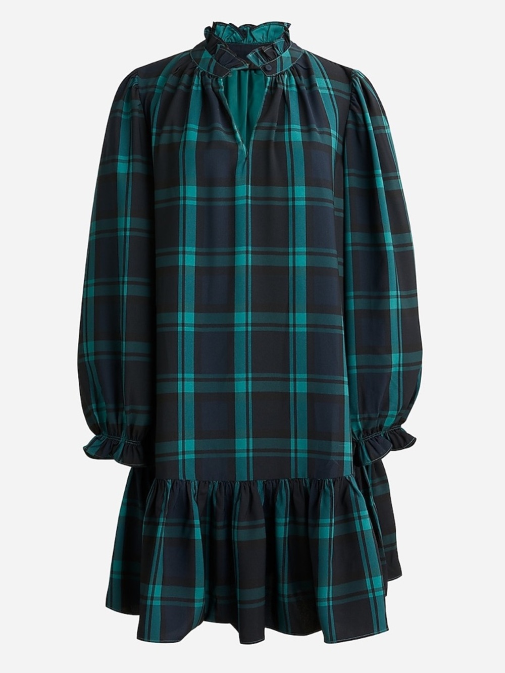 J. Crew Women's Green Ruffle Puff-Sleeve Dress in Black Watch Tartan Size Large